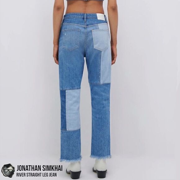 JONATHAN SIMKHAI RIVER STRAIGHT LEG DISTRESSED PATCHWORK JEANS IN INDIGO BLUE 27 - Picture 10 of 16